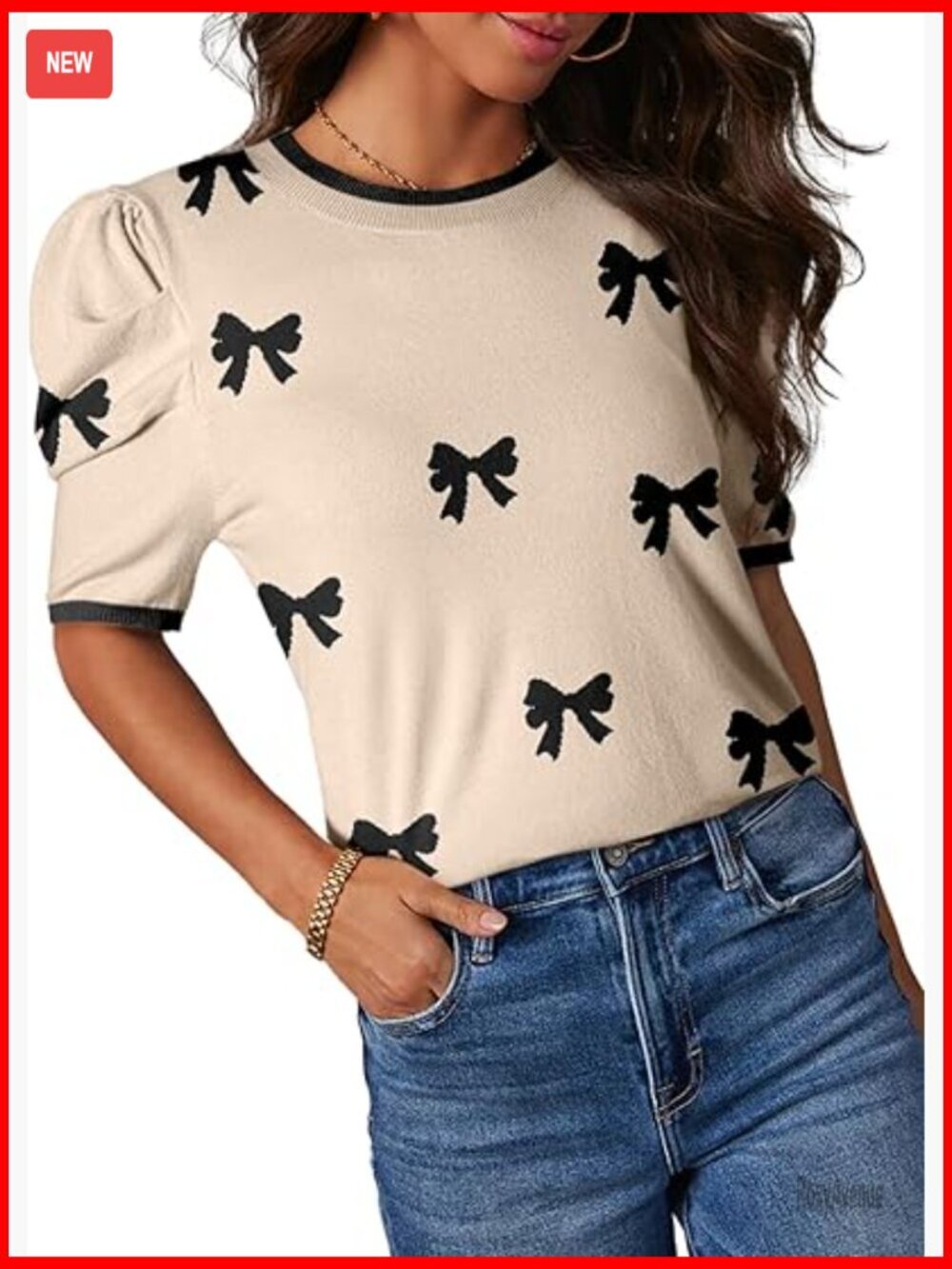 Short Puff Sleeve Knit Top Crewneck Striped T-Shirt Lightweight Summer Blouse